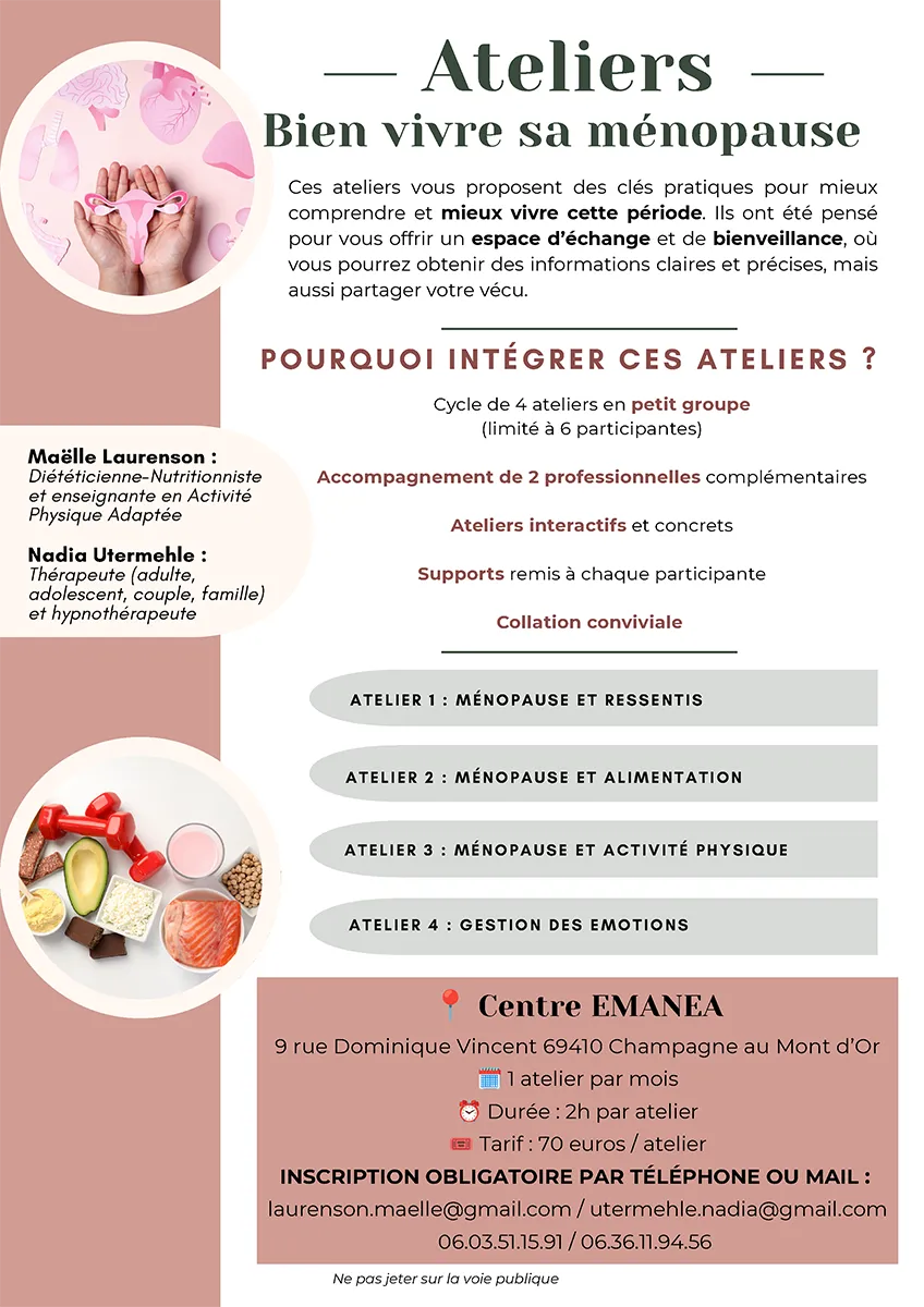 Flyer Atelier Ménopause au Centre émanéa de Champagne au Mont d'Or.