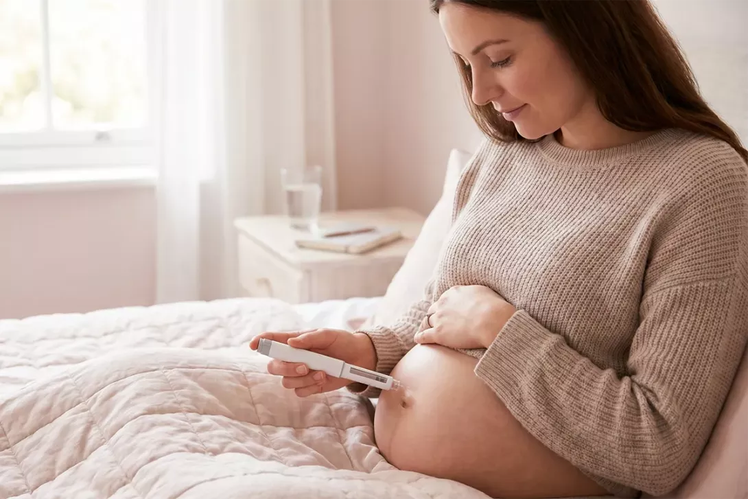 Femme enceinte réalisant une injection d’insuline sur le ventre.